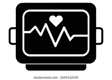 A black silhouette vector illustration of a square heart rate monitor screen showing a white heartbeat graphic and a white heart symbol.