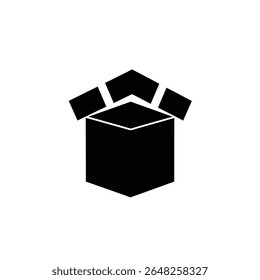 A black silhouette vector illustration of a square gift box icon with its lid open on a white background. The style is simple and minimal.