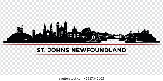 A black silhouette vector illustration of the St. John's, Newfoundland cityscape, featuring iconic landmarks, buildings, a bridge, and ships in the harbor.