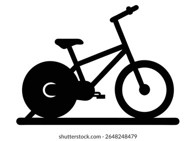 Black silhouette vector illustration of a stationary bicycle on a white background The bicycle is depicted in a simple style with solid black shapes.