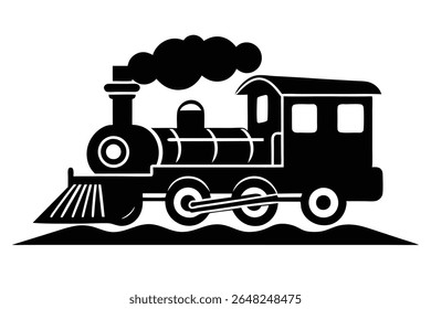 Black silhouette vector illustration of a steam locomotive emitting smoke against a white background. The image is simple and bold with a strong graphic style.