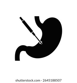 Black silhouette vector illustration of a stomach with an endoscope entering it against a white background. The style is simple and flat.