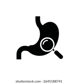Black silhouette vector illustration of a stomach with a magnifying glass on a white background. Simple graphic style.