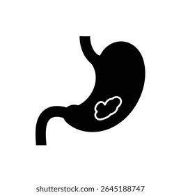 A black silhouette vector illustration of a stomach with a highlighted ulcer area on a white background. The style is simple and bold.