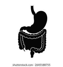Black silhouette vector illustration of a stomach and intestines against a white background The style is simple and graphic