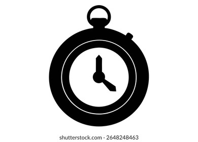 A black silhouette vector illustration of a stopwatch shows a simple round clock face with hands indicating time against a white background. The style is minimal and bold.