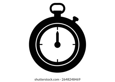 A black silhouette vector illustration of a stopwatch shows a simple design against.