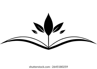 Black silhouette vector illustration of stylized leaves and flower atop a curved book shape against a white background. The style is minimalist and elegant.