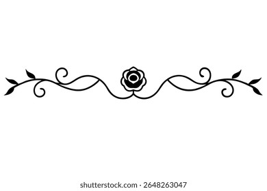 A black silhouette vector illustration of a stylized rose with leaves and swirling vines on a white background. The design is simple and elegant.
