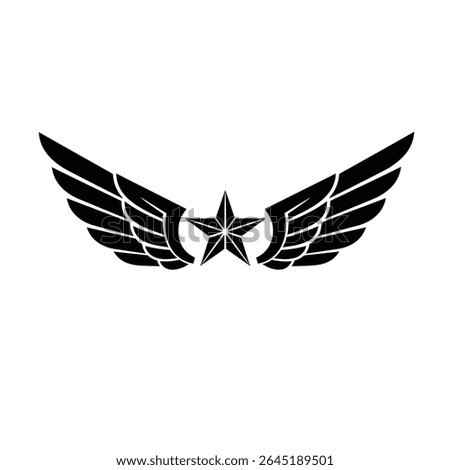 Black silhouette vector illustration of stylized wings flanking a central five-pointed star against a white background. The style is simple and geometric.