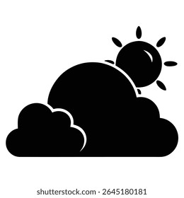 Black silhouette vector illustration of a sun partially obscured by a cloud. Simple graphic design with a minimalist style.