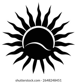 Black silhouette vector illustration of a sun with stylized rays and a small wave at its base against a white background. The style is simple and graphic.