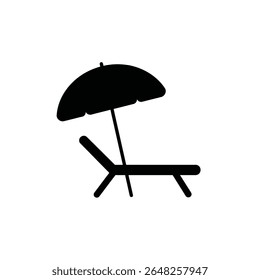 Black silhouette vector illustration of a sun lounger and beach umbrella against a white background. Simple graphic design.