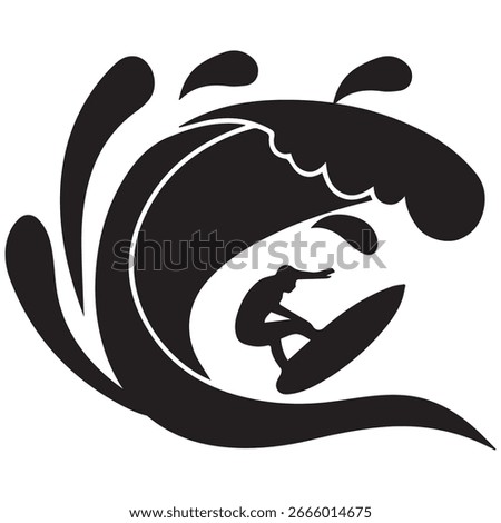 Black silhouette vector illustration of a surfer riding inside a large ocean wave with splashing water. Minimalist and dynamic design, perfect for surfing, beach, summer, and extreme sports themes
