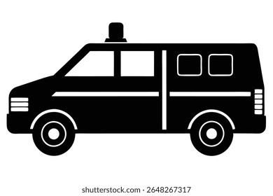 Ilustração de vetor de silhueta preta de uma van SWAT vista de lado com uma luz de telhado e rodas detalhadas. Estilo simples.