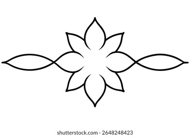 Um vetor de silhueta preta ilustração de uma flor simétrica com linhas curvas formando um motivo floral central e duas linhas curvas flanqueantes.