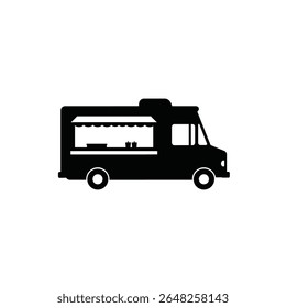 A black silhouette vector illustration of a taco truck against a white background The image is simple and features a side profile of the truck with a small awning.