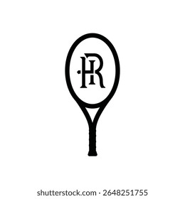 Ilustração em vetor de silhueta preta de uma raquete de tênis com um monograma HR no centro contra um fundo branco. O estilo é simples e minimalista.