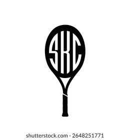 A black silhouette vector illustration of a tennis racket with the monogram SKC inside the head against a white background. The style is simple and minimal.