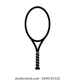 A black silhouette vector illustration of a tennis racket with a textured grip against a white background The style is simple and minimalist