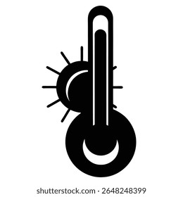 Ilustración vectorial de silueta negra de un termómetro con símbolos de sol y luna. Diseño gráfico simple con Formas atrevidas sobre un fondo blanco.