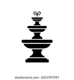 A black silhouette vector illustration of a three tiered garden fountain against a white background The fountain has simple lines and a minimalist style.