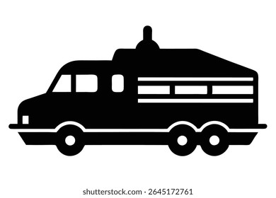 Uma ilustração vetorial de silhueta preta de uma van de carga de três eixos com um design simples contra um fundo branco. A imagem é uma forma preta sólida sem gradientes ou texturas.
