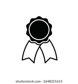 A black silhouette vector illustration of a tournament ribbon seal icon against a white background The seal is circular with a scalloped edge and is topped with a simple ribbon.