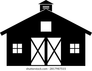 Black silhouette vector illustration of traditional wooden farm barn building with doors and cupola for rural livestock storage use.