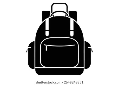 A black silhouette vector illustration of a travel backpack against a white background The backpack has a main compartment and side pockets. The style is simple and minimal.