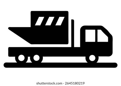 Black silhouette vector illustration of a truck loading a container onto its flatbed The image is simple and uses only black shapes against a white background