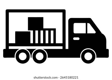 Black silhouette vector illustration of a truck carrying three boxes. The style is simple and flat with solid black shapes against a white background. The truck has four wheels.