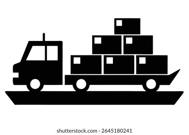 Black silhouette vector illustration of a truck carrying stacked boxes on a flatbed trailer against a white background. The style is simple and graphic.