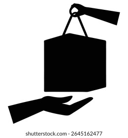Black silhouette vector illustration of two hands exchanging a rectangular package against a white background. The style is simple and minimal.