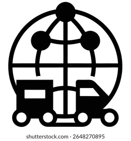 Black silhouette vector illustration of two trucks connected by a global network graphic on a white background. Simple bold lines and shapes.