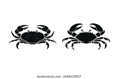 Ilustração de vetor de silhueta preta de dois caranguejos com garras detalhadas e pernas no fundo branco para o logotipo de frutos do mar ou design de ícone marinho