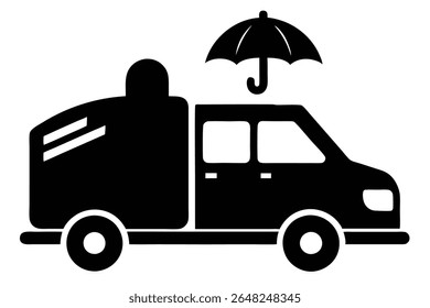 Black silhouette vector illustration of a van with an umbrella above it on a white background The style is simple and minimalist