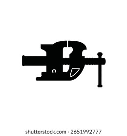 Uma ilustração de vetor de silhueta preta de uma vise montada em uma bancada contra um fundo branco A imagem é simples e apresenta uma vise preta sólida com uma alça.