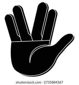 Black silhouette vector illustration of a Vulcan salute hand gesture against a white background. This iconic symbol represents peace and greeting, ideal for science fiction themes and cultural references.