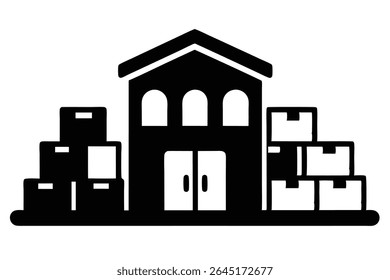 Ilustración vectorial de silueta negra de un edificio de almacén con pilas de cajas a cada lado. Diseño plano simple.