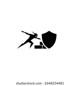 Black silhouette vector illustration of a warrior figure attacking a shield and brick wall on a white background. Simple graphic style.