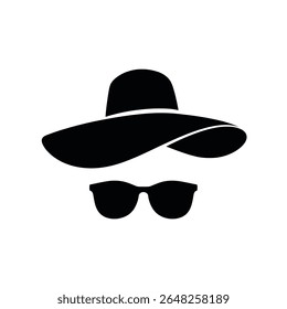 Black silhouette vector illustration of a wide brim sun hat and sunglasses on a white background. Simple graphic design.