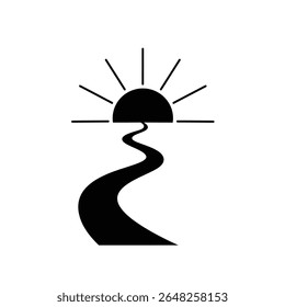 A black silhouette vector illustration of a winding road leading to a setting sun against a white background The style is simple and minimalist