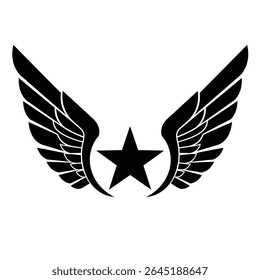 Black silhouette vector illustration of wings and a five-pointed star on a white background. The style is bold and graphic.