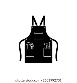 A black silhouette vector illustration of a woodworking apron with pockets and tools against a white background. The style is simple and minimalist.