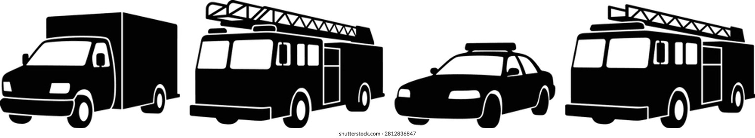 Black silhouette vector illustrations of emergency and service vehicles including fire truck, police car, and cargo truck