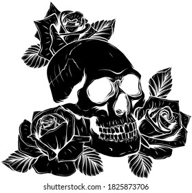 black silhouette Vector isolated illustration of a skull with roses and leaves
