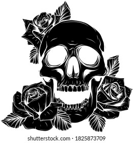 black silhouette Vector isolated illustration of a skull with roses and leaves