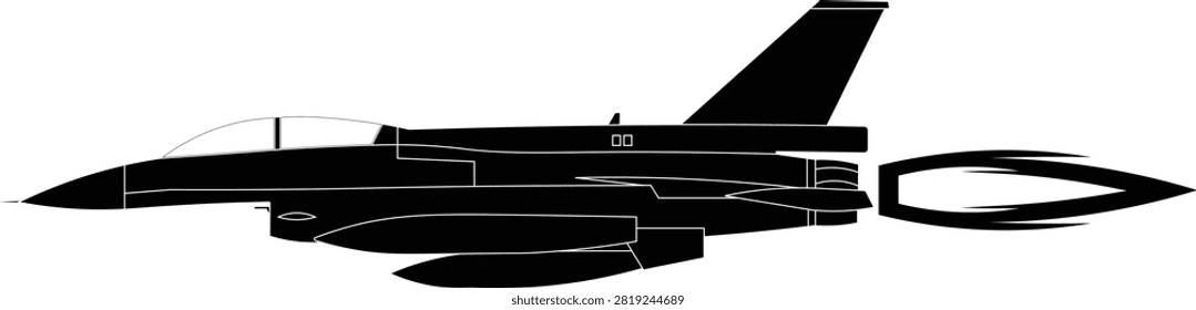 Black silhouette vector of a Lockheed Martin F-16C Barak fighter jet with afterburner flame on white background. Fighter jet side view vector silhouette.