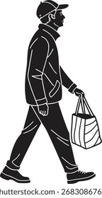 Schwarze Silhouette Vektor eines Mannes, der Lebensmitteltasche trägt, minimales flaches Symbol, einzelne Kontur, saubere Schnittform